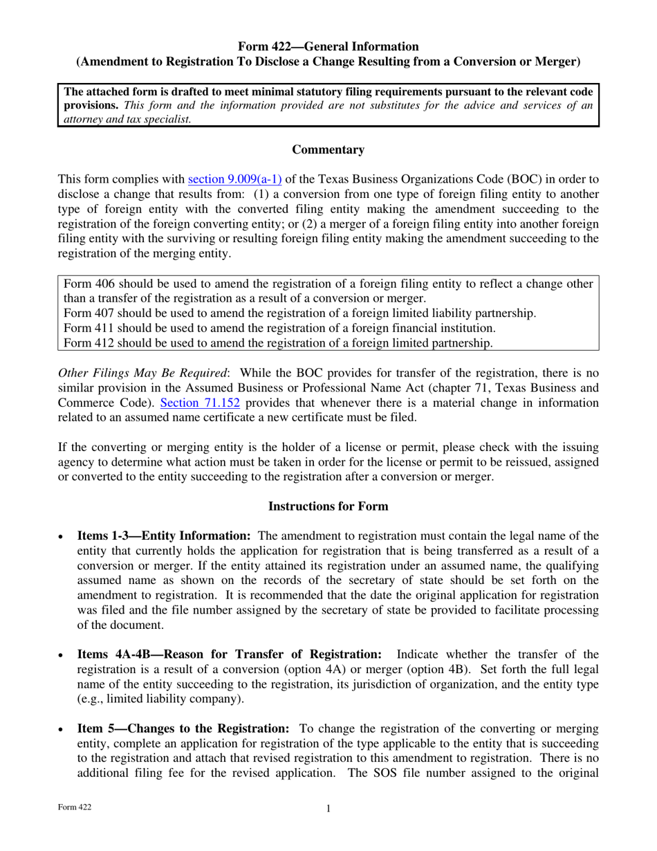 Form 422 Amendment to Registration to Disclose a Change Resulting From a Conversion or Merger - Texas, Page 1
