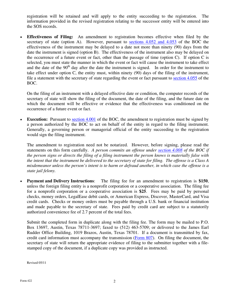 Form 422 Amendment to Registration to Disclose a Change Resulting From a Conversion or Merger - Texas, Page 2