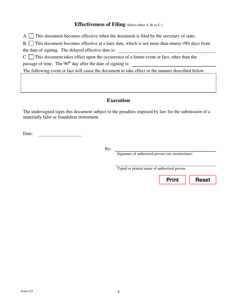 Form 422 Amendment to Registration to Disclose a Change Resulting From a Conversion or Merger - Texas, Page 4