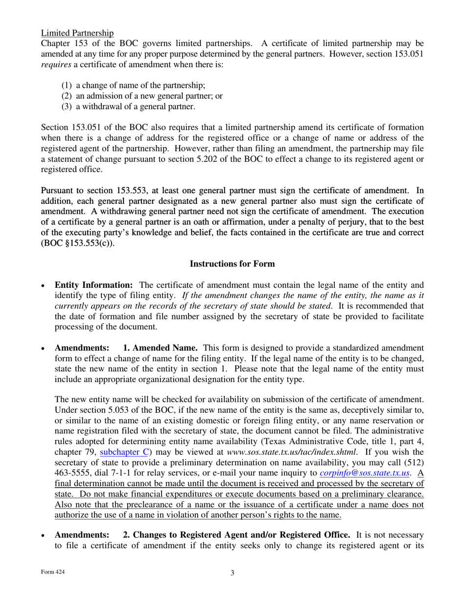 Form 424 Certificate of Amendment - Texas, Page 3