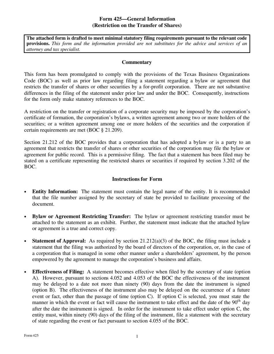 Form 425 Restriction on the Transfer of Shares - Texas, Page 1