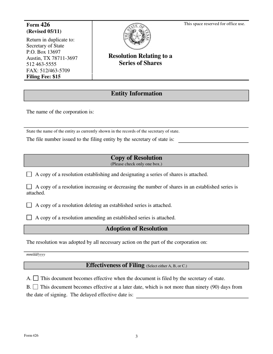 Form 426 Resolution Relating to a Series of Shares - Texas, Page 3
