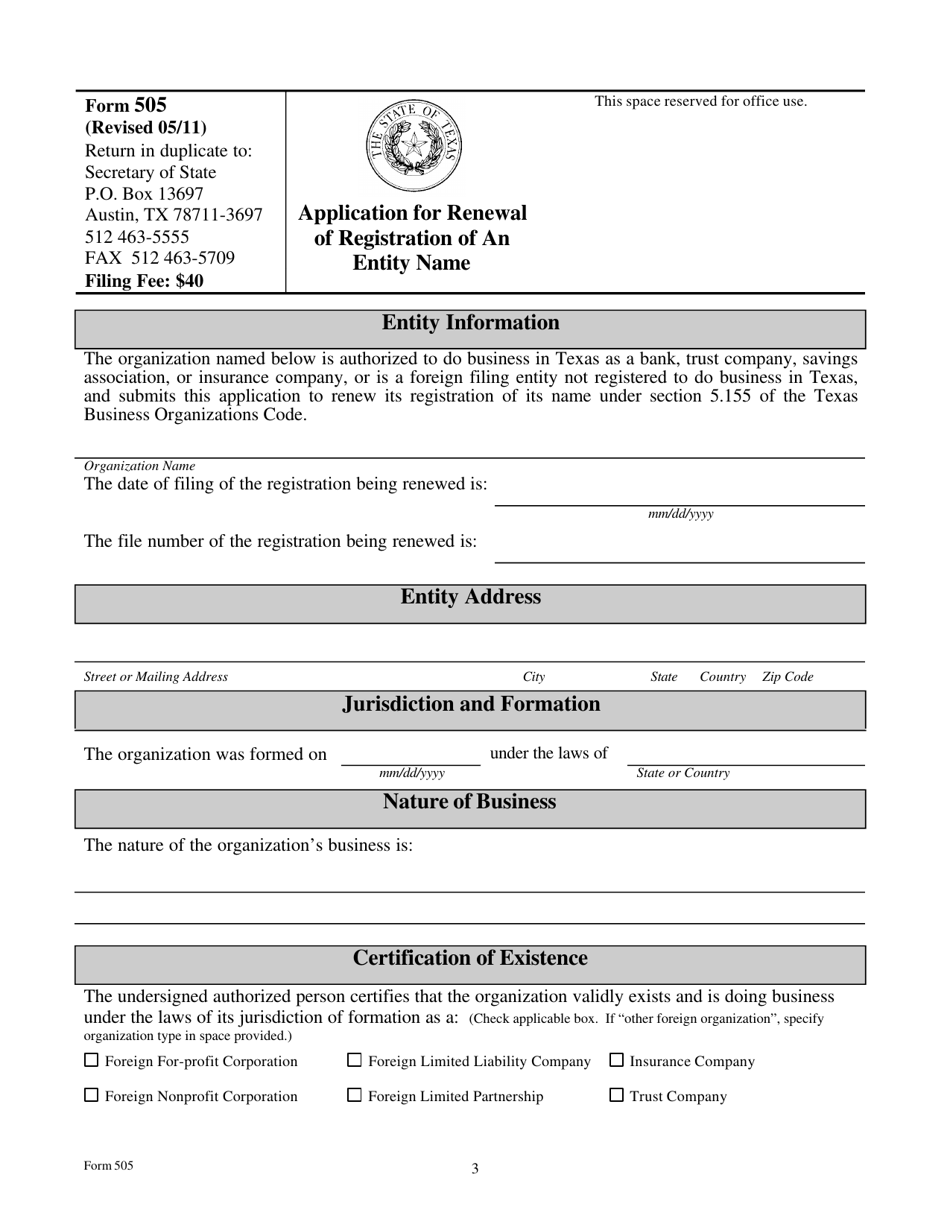 Form 505 Application for Renewal of Registration of an Entity Name - Texas, Page 3