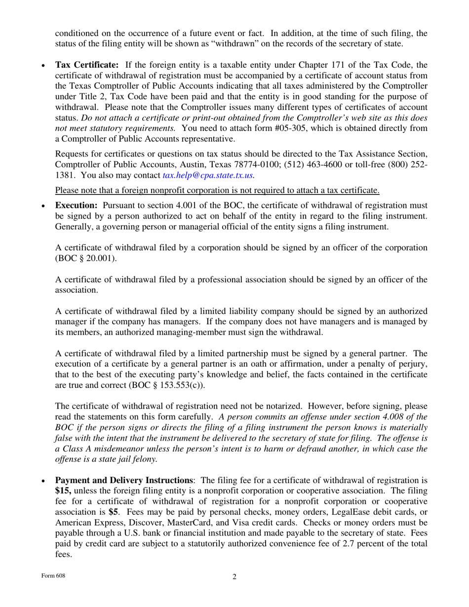 Form 608 Certificate of Withdrawal of Registration - Texas, Page 2