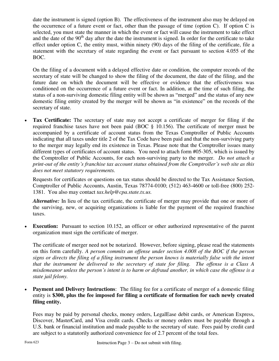 Form 623 Parent-Subsidiary Certificate of Merger Business Organizations Code - Texas, Page 3