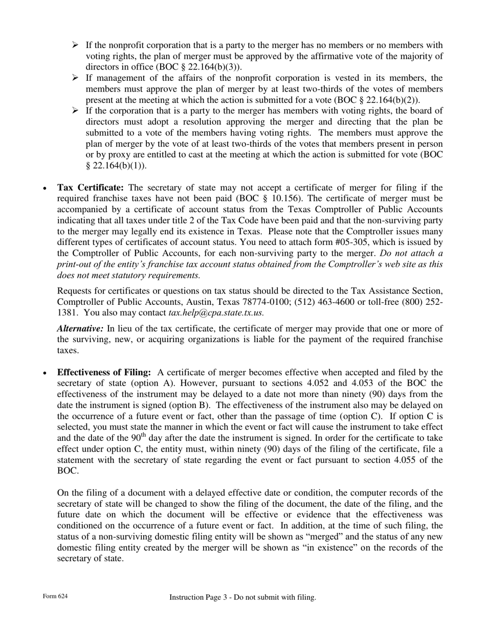 Form 624 Certificate of Merger for Nonprofit Corporations - Texas, Page 3