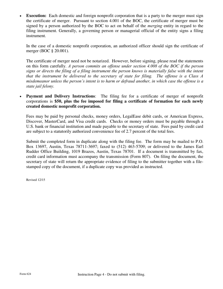 Form 624 Certificate of Merger for Nonprofit Corporations - Texas, Page 4