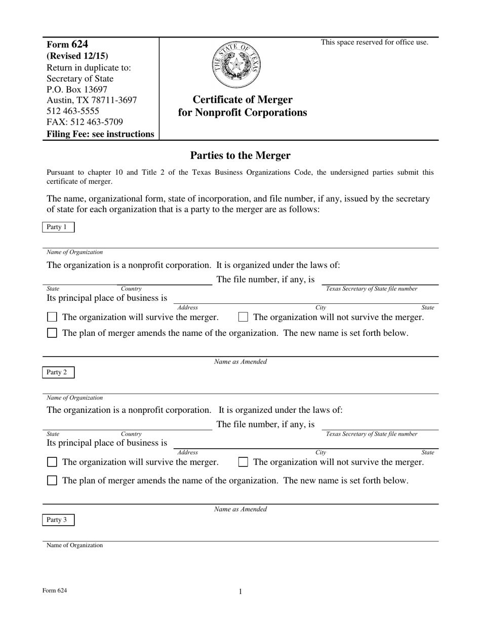 Form 624 Certificate of Merger for Nonprofit Corporations - Texas, Page 5