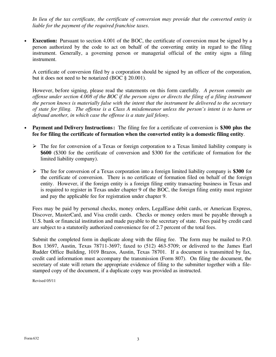Form 632 Certificate of Conversion of a Corporation Converting to a Limited Liability Company - Texas, Page 3