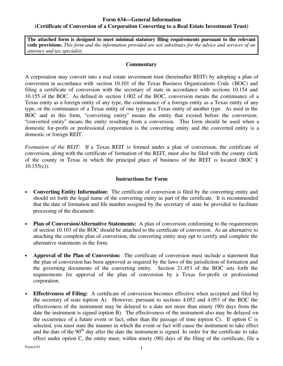 Form 634 Certificate of Conversion of a Corporation Converting to a Real Estate Investment Trust - Texas, Page 1