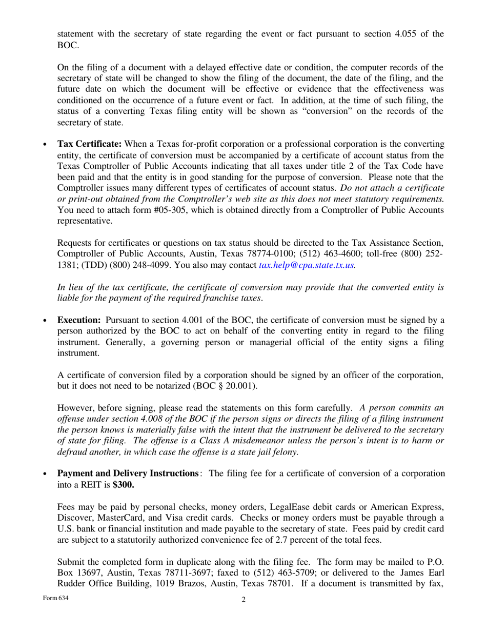 Form 634 Certificate of Conversion of a Corporation Converting to a Real Estate Investment Trust - Texas, Page 2