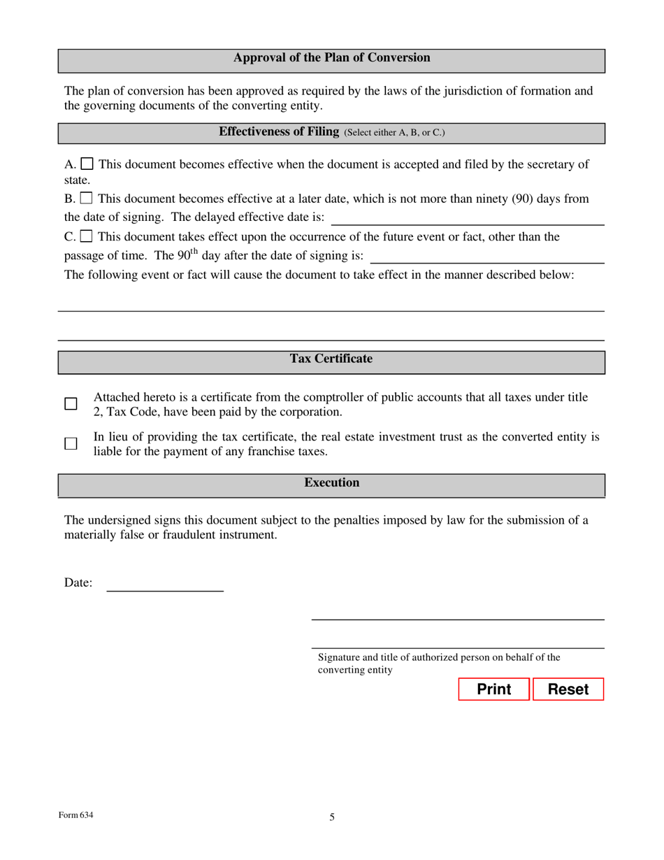 Form 634 Certificate of Conversion of a Corporation Converting to a Real Estate Investment Trust - Texas, Page 5