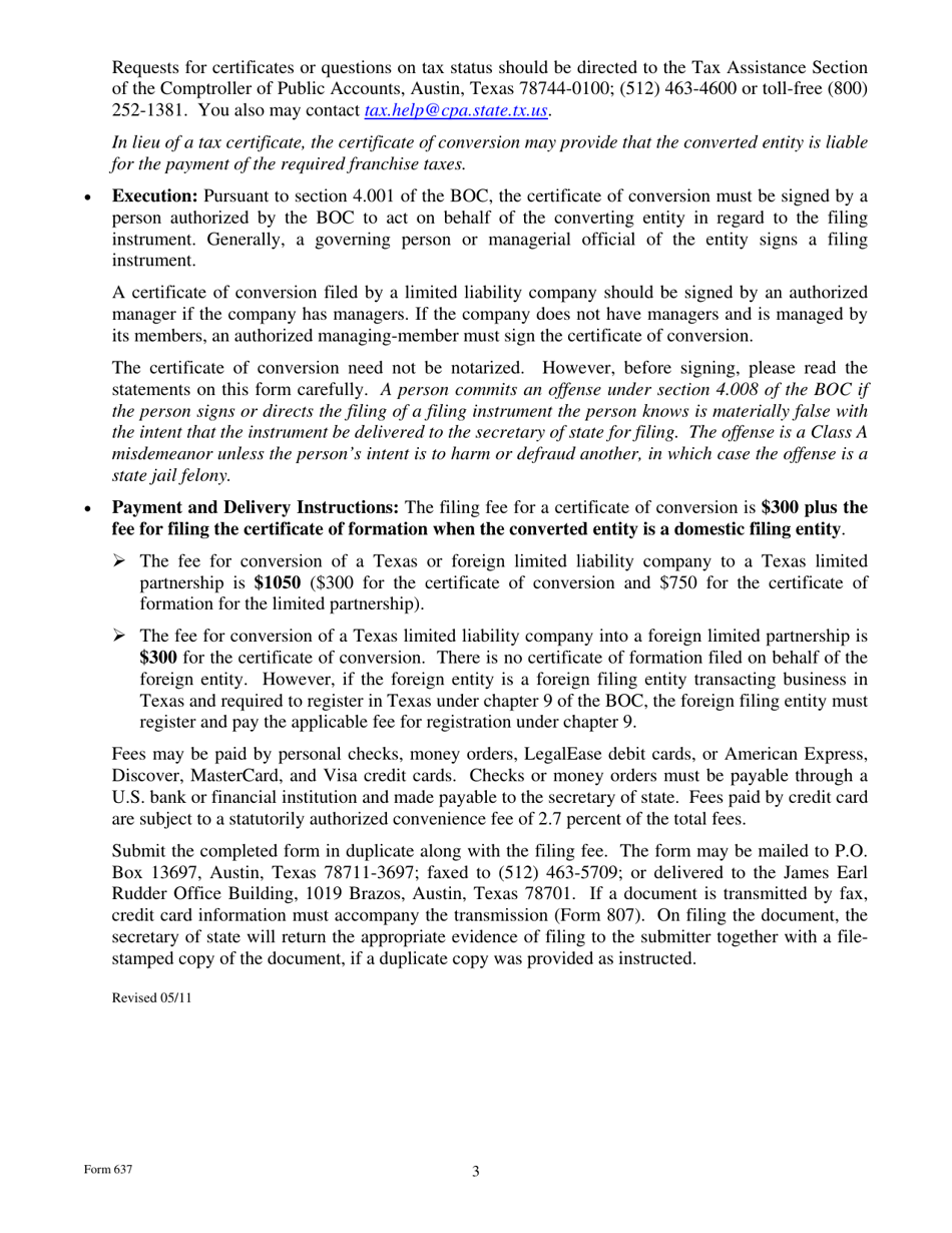 Form 637 Certificate of Conversion of a Limited Liability Company Converting to a Limited Partnership - Texas, Page 3
