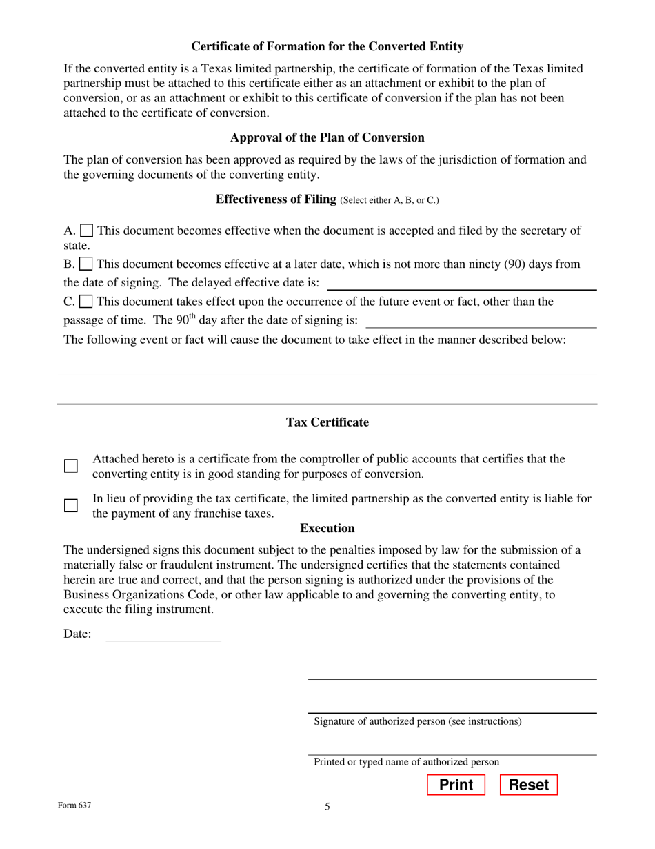 Form 637 Certificate of Conversion of a Limited Liability Company Converting to a Limited Partnership - Texas, Page 5