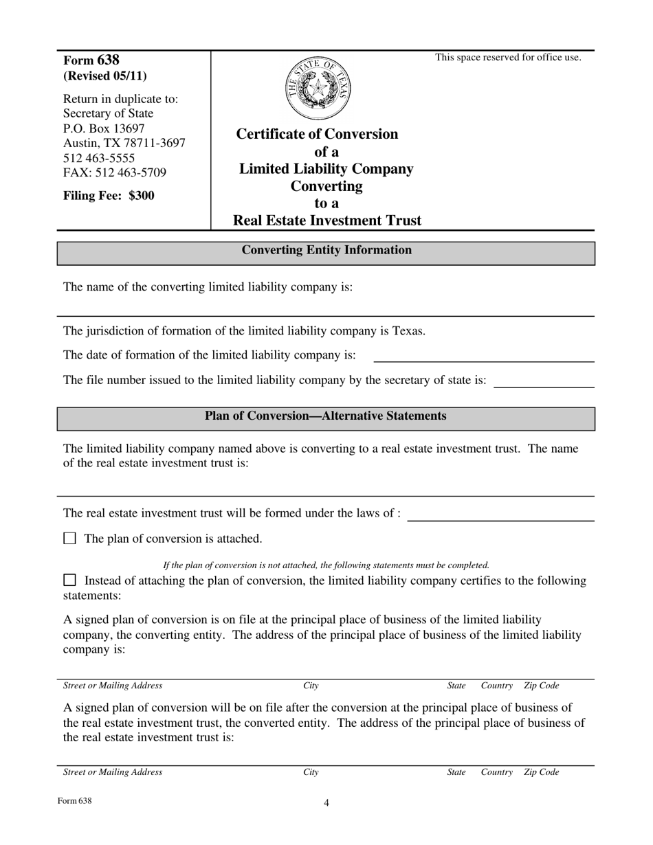 Form 638 Certificate of Conversion of a Limited Liability Company Converting to a Real Estate Investment Trust - Texas, Page 4