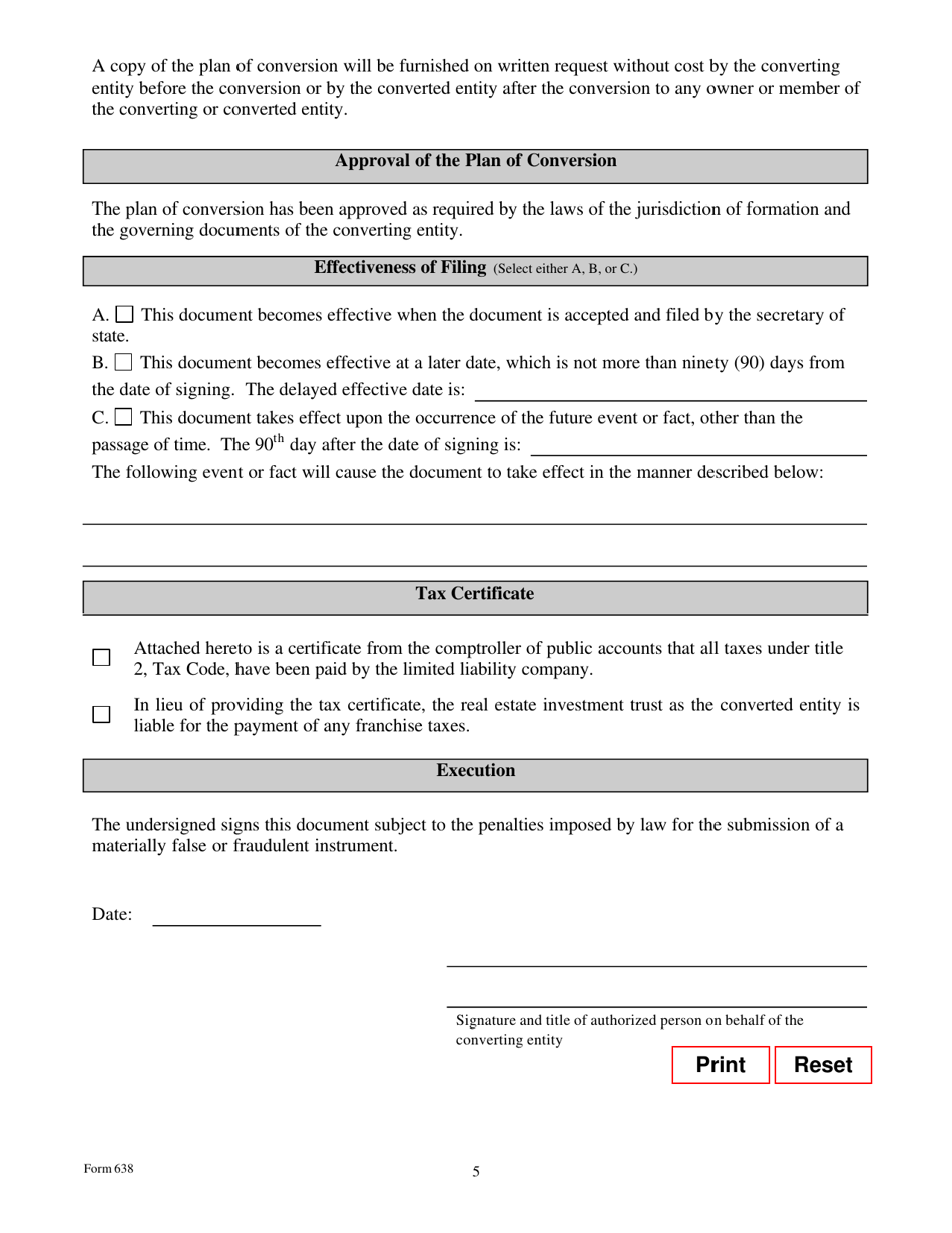 Form 638 Certificate of Conversion of a Limited Liability Company Converting to a Real Estate Investment Trust - Texas, Page 5