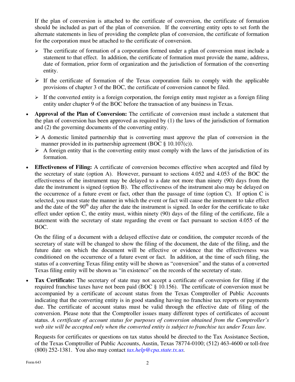 Form 643 Certificate of Conversion of a Limited Partnership Converting to a Corporation - Texas, Page 2