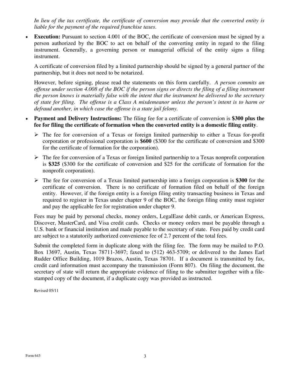 Form 643 Certificate of Conversion of a Limited Partnership Converting to a Corporation - Texas, Page 3