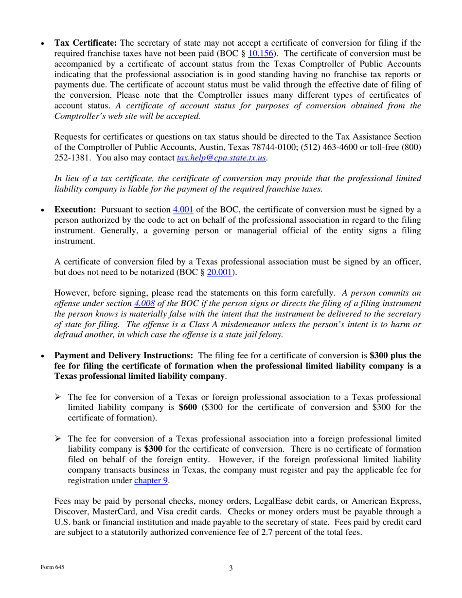 Form 645 Certificate of Conversion of a Professional Association Converting to a Professional Limited Liability Company - Texas, Page 3