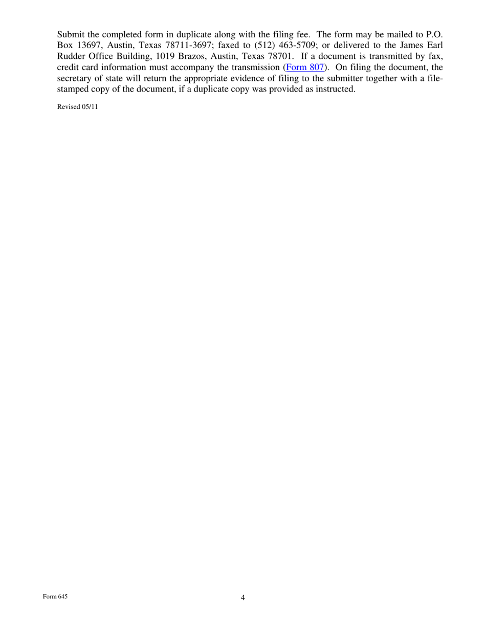 Form 645 Certificate of Conversion of a Professional Association Converting to a Professional Limited Liability Company - Texas, Page 4
