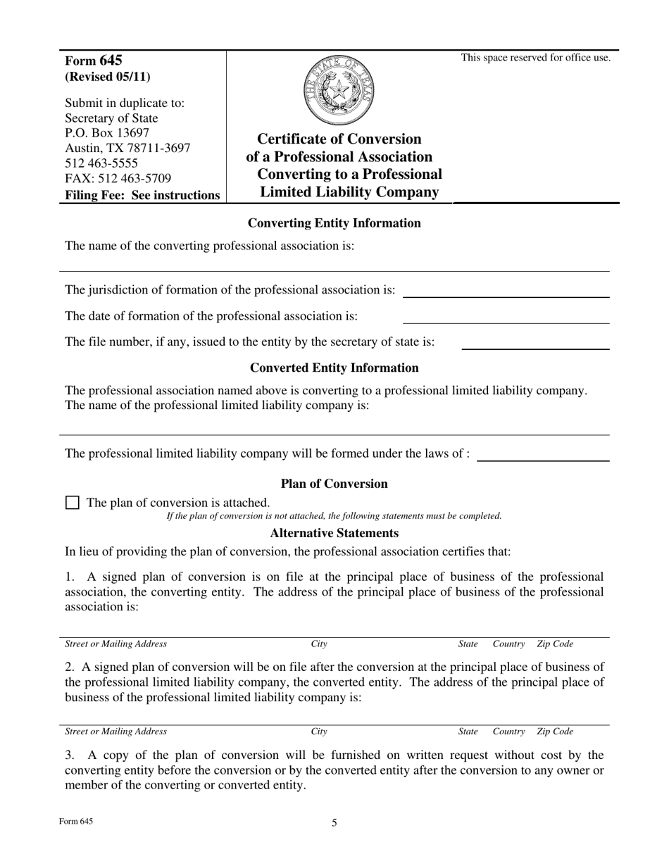 Form 645 Certificate of Conversion of a Professional Association Converting to a Professional Limited Liability Company - Texas, Page 5