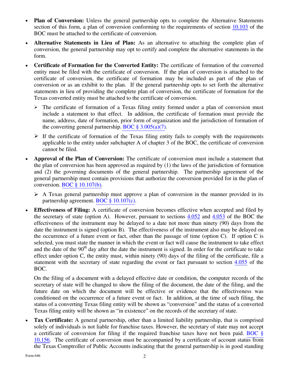 Form 646 Certificate of Conversion of a Texas General Partnership Converting to a Texas Filing Entity - Texas, Page 2
