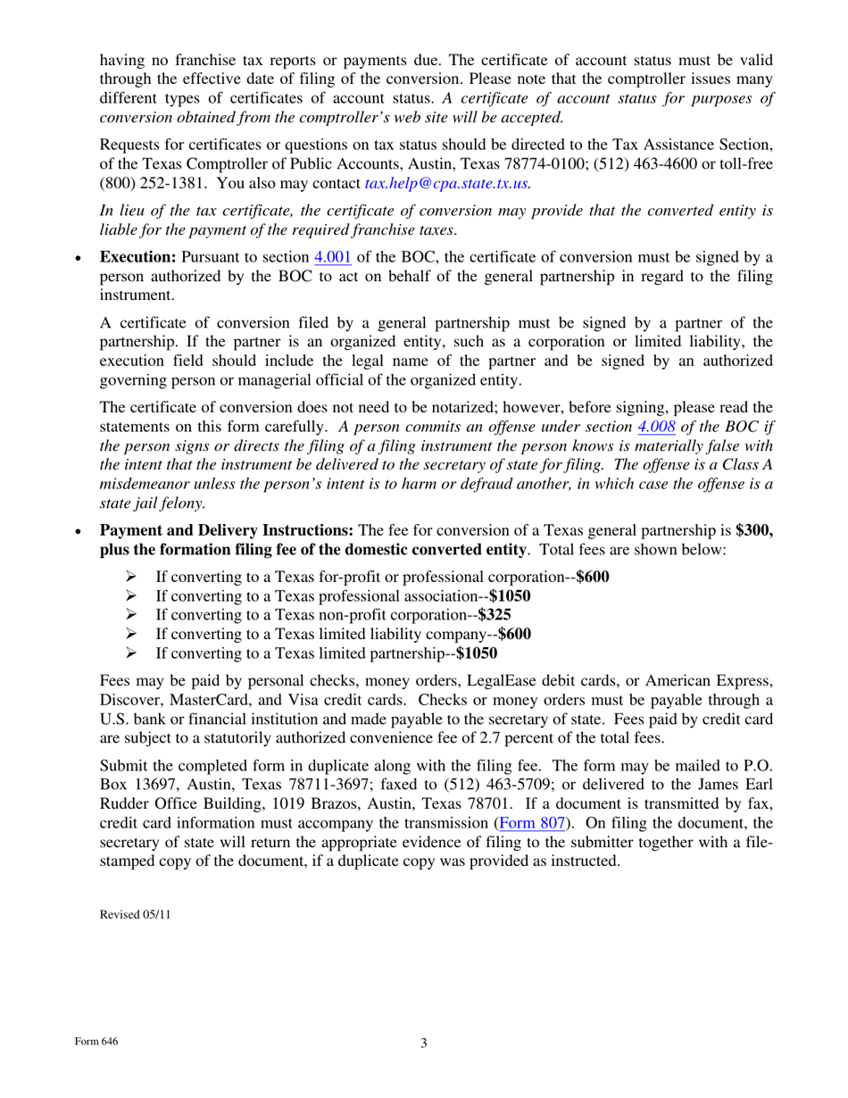 Form 646 Certificate of Conversion of a Texas General Partnership Converting to a Texas Filing Entity - Texas, Page 3