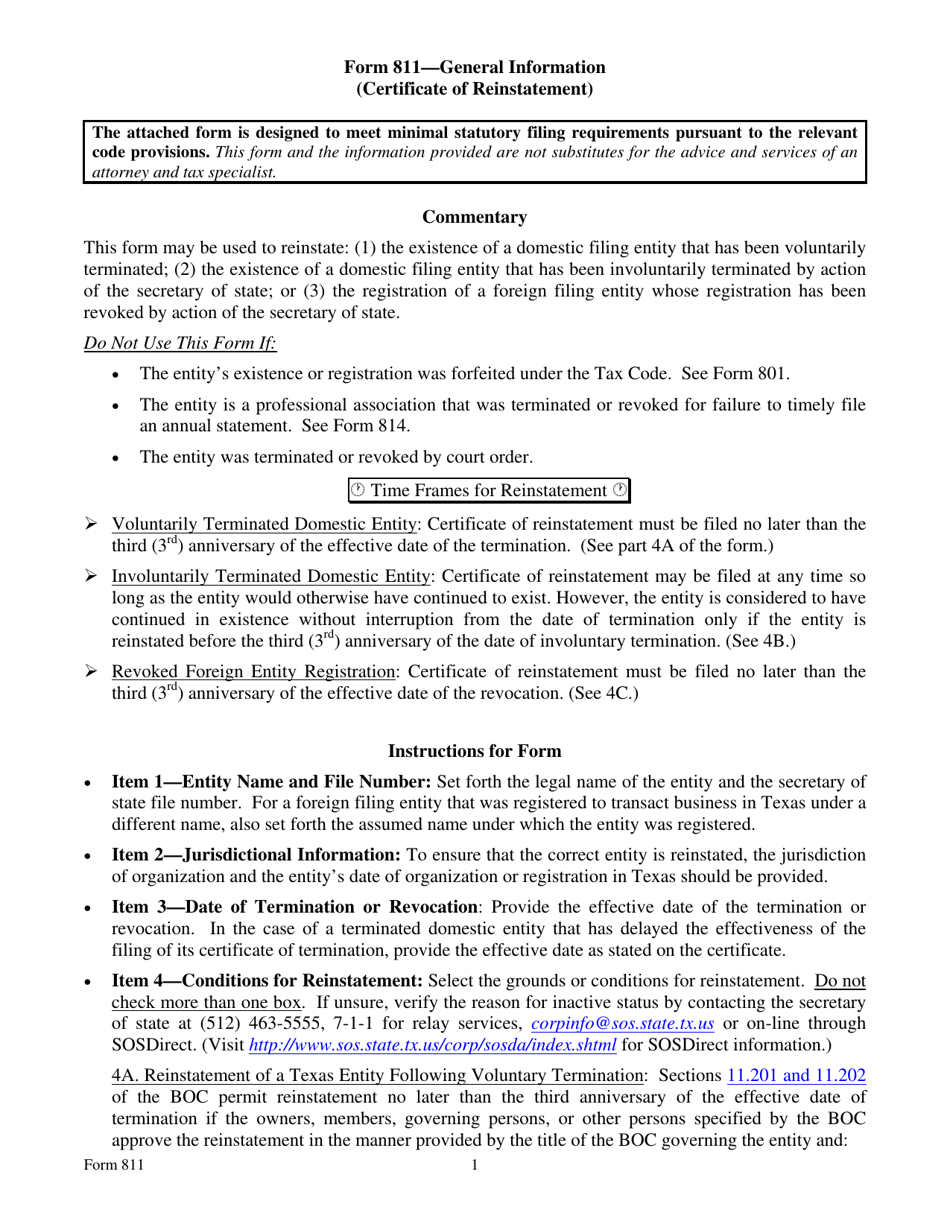 Form 811 Certificate of Reinstatement - Texas, Page 1