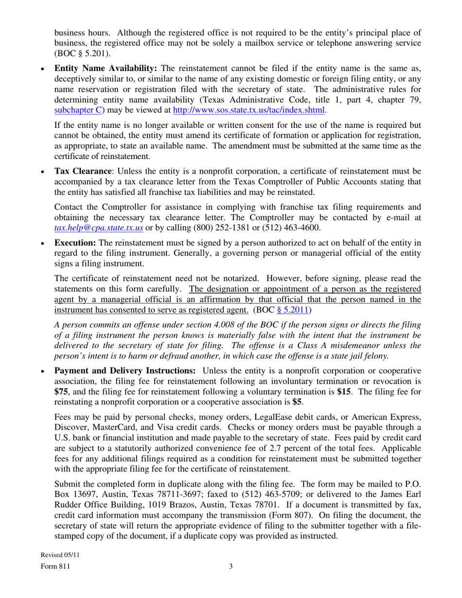 Form 811 Certificate of Reinstatement - Texas, Page 3