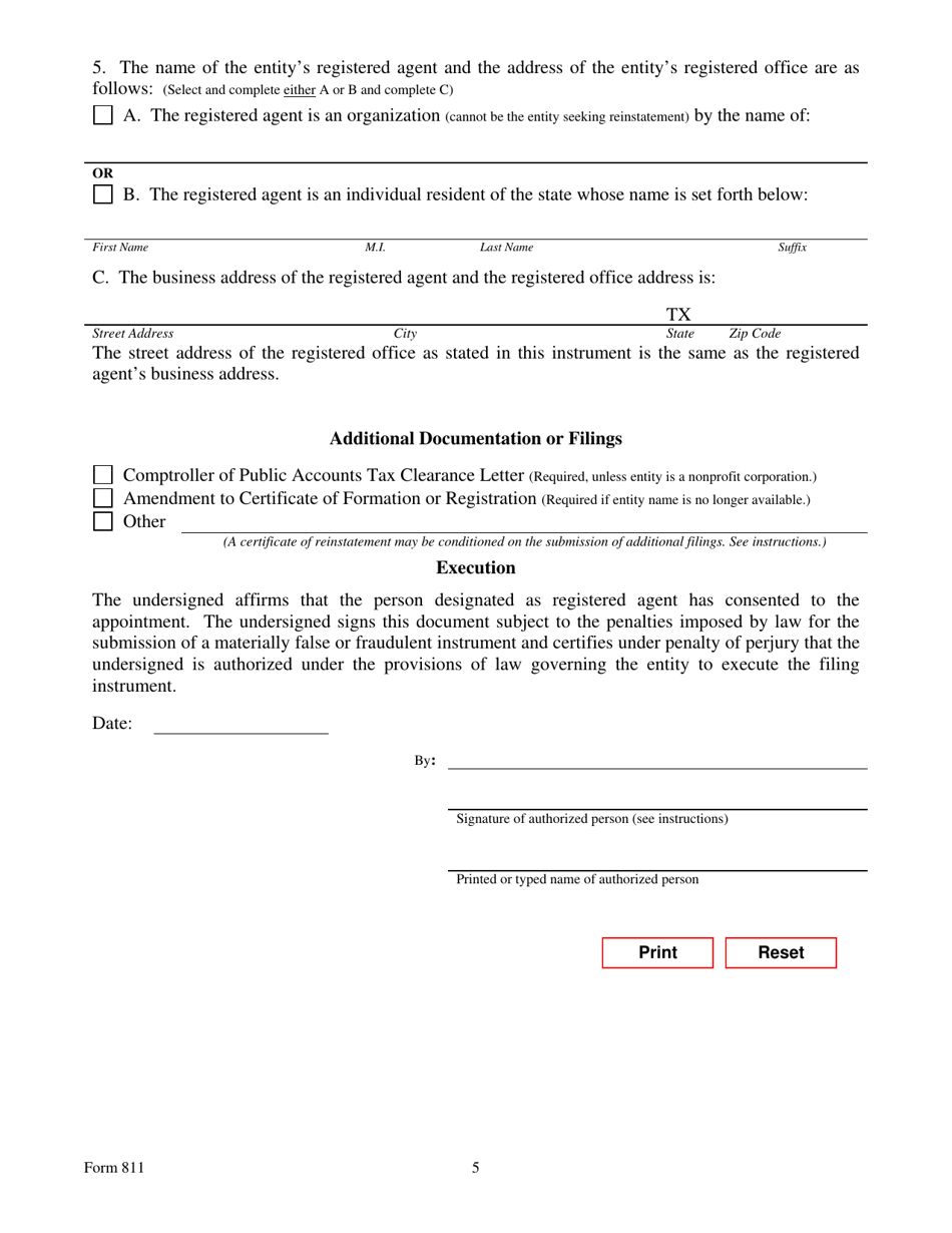 Form 811 Certificate of Reinstatement - Texas, Page 5
