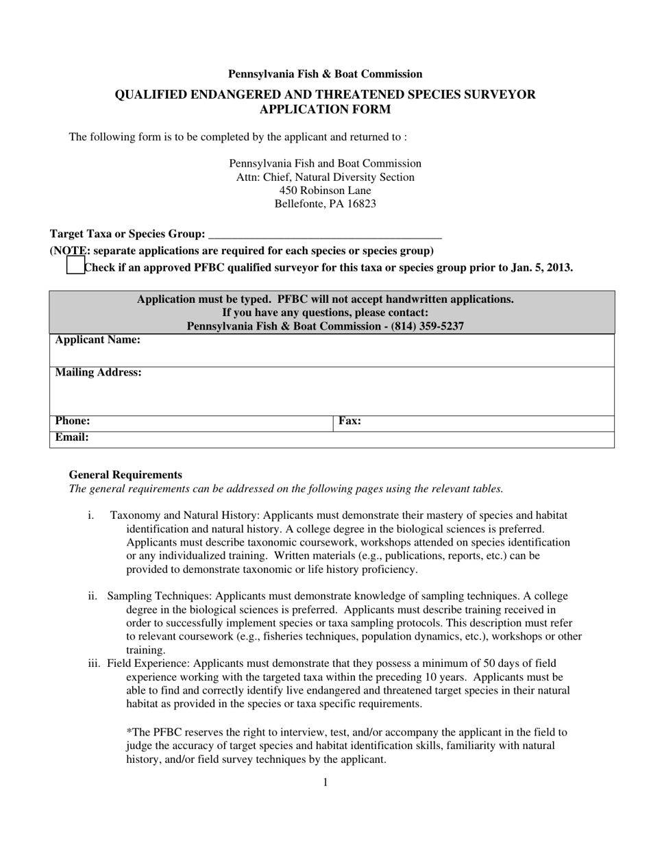 Qualified Endangered and Threatened Species Surveyor Application Form - Pennsylvania, Page 1