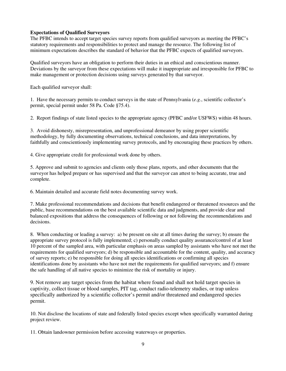Qualified Endangered and Threatened Species Surveyor Application Form - Pennsylvania, Page 9