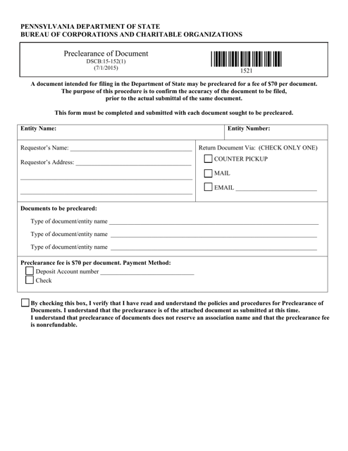Form DSCB:15-152(1) Preclearance of Document - Pennsylvania