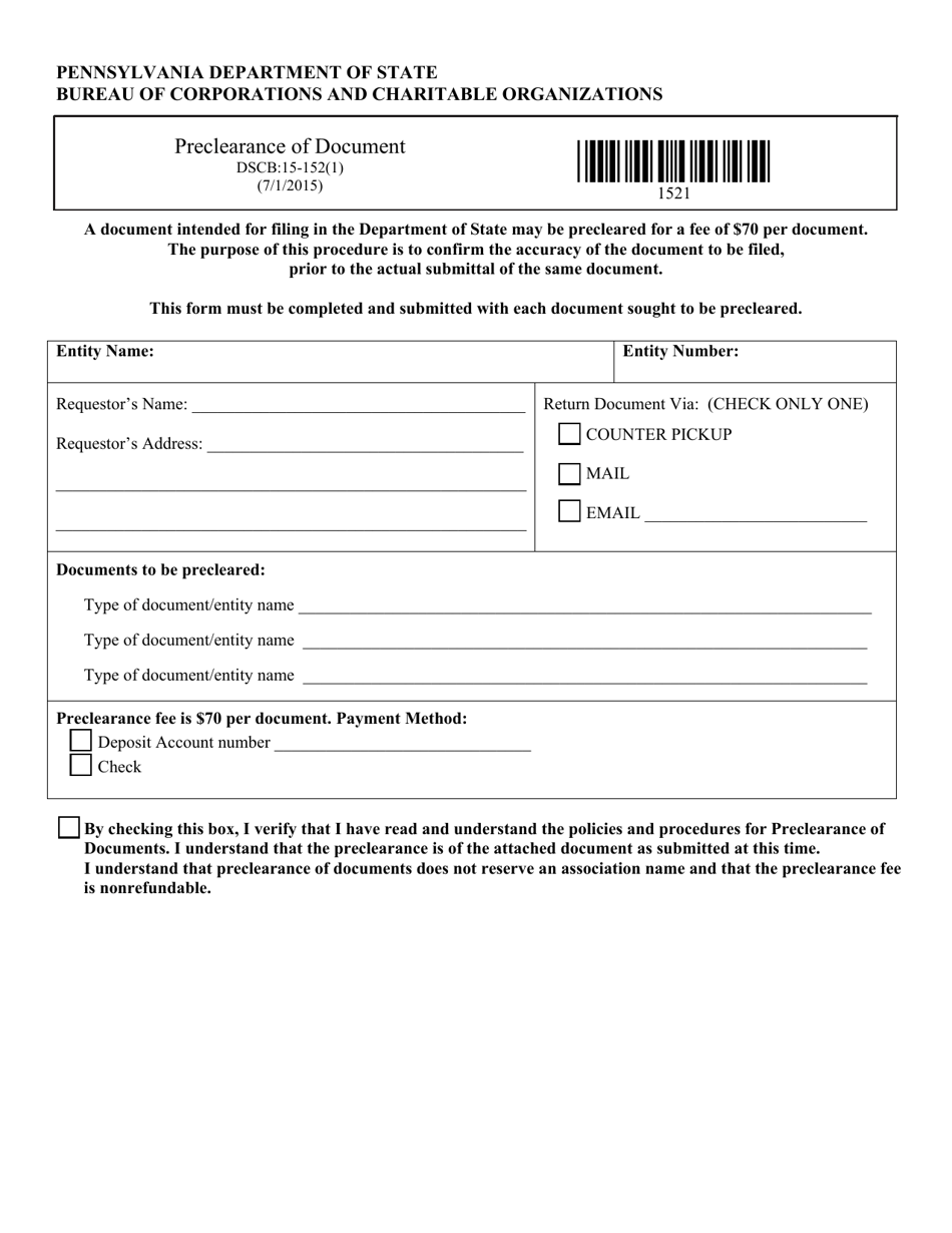 Form DSCB:15-152(1) Preclearance of Document - Pennsylvania, Page 1