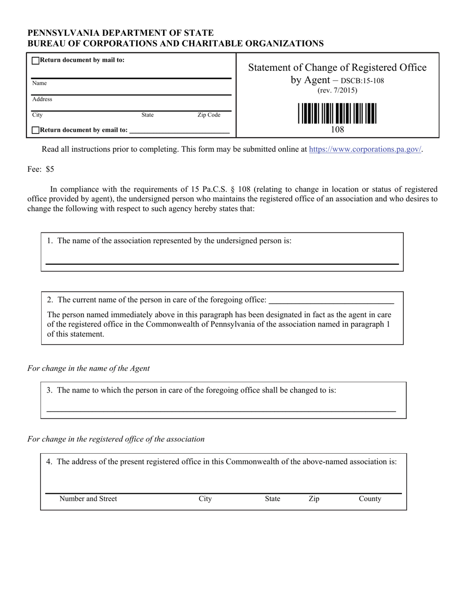Form DSCB:15-108 Statement of Change of Registered Office by Agent - Pennsylvania, Page 1