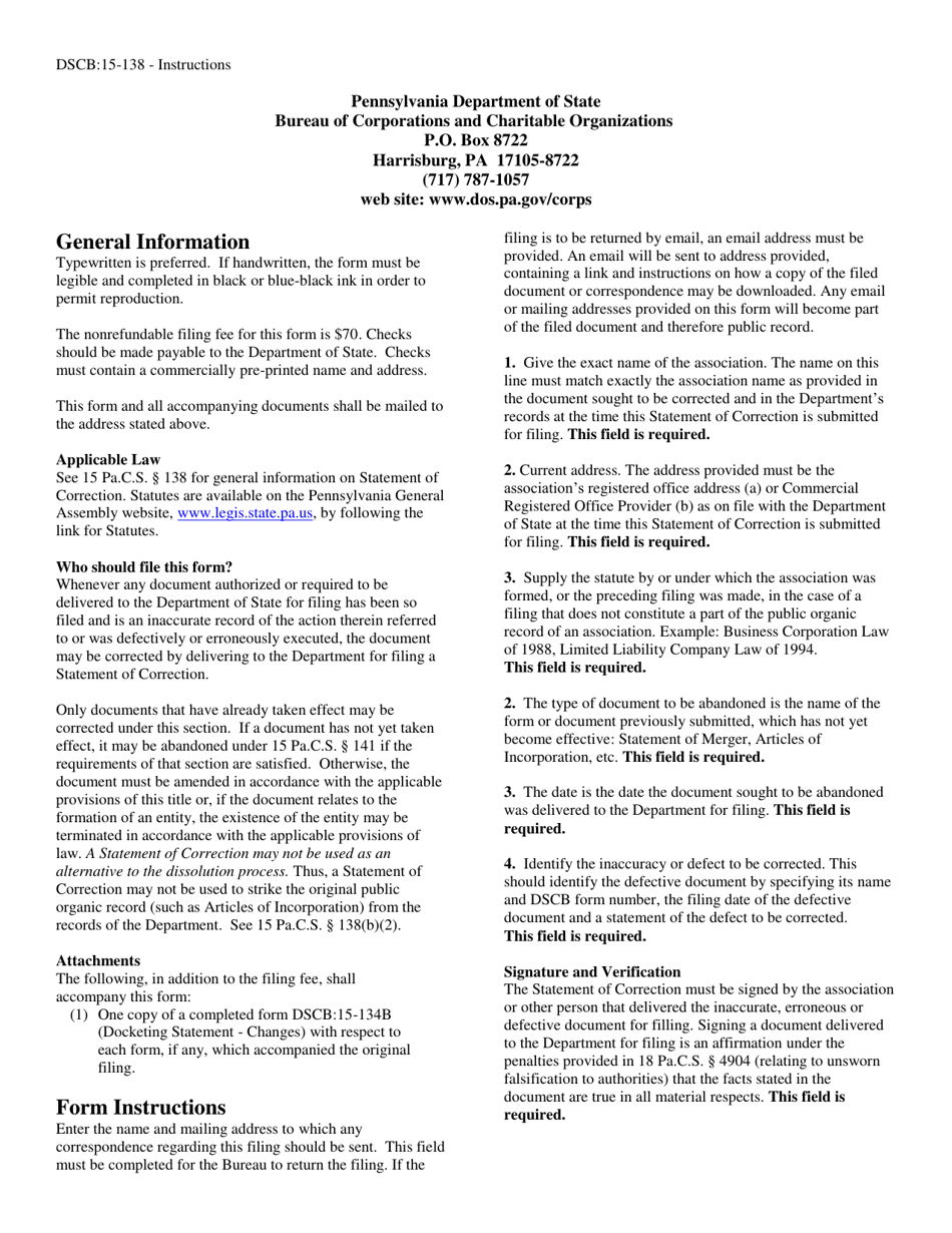 Form DSCB:15-138 Statement of Correction - Pennsylvania, Page 2