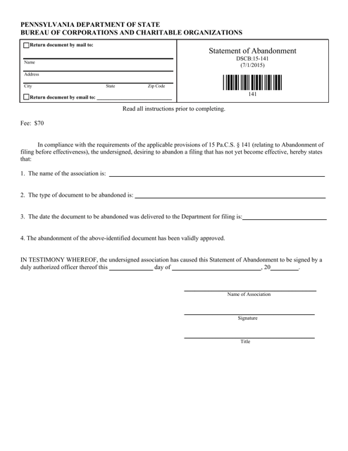 Form DSCB:15-141  Printable Pdf