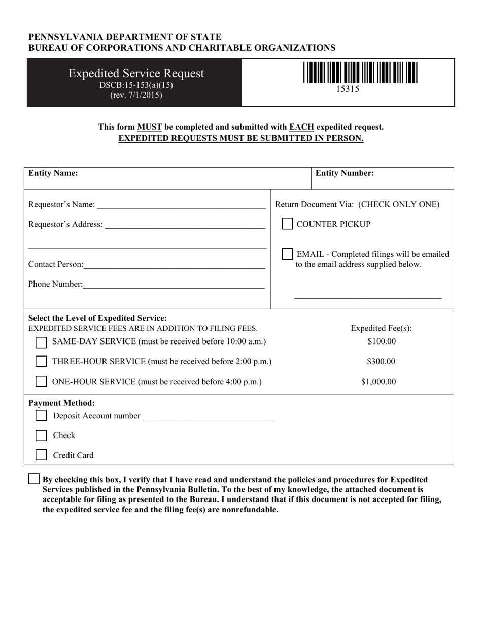 Form DSCB:15-153(A)(15) Expedited Service Request - Pennsylvania, Page 1