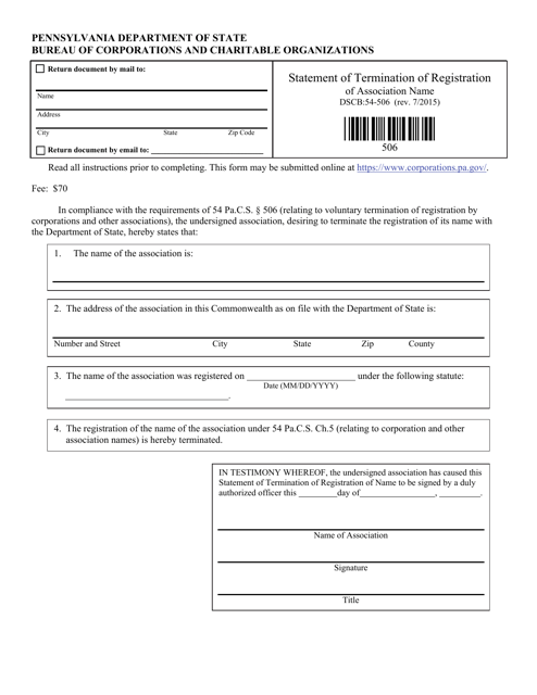 Form DSCB:54-506 Statement of Termination of Registration of Association Name - Pennsylvania