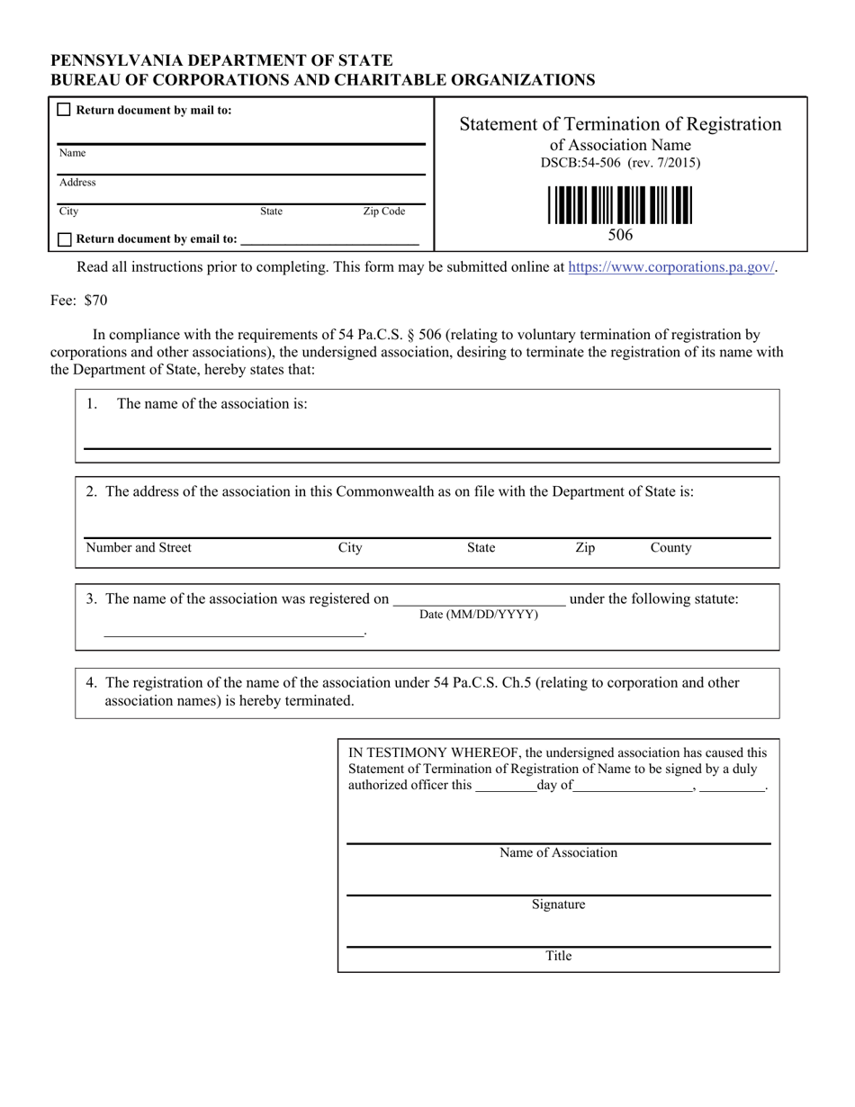 Form DSCB:54-506 Statement of Termination of Registration of Association Name - Pennsylvania, Page 1