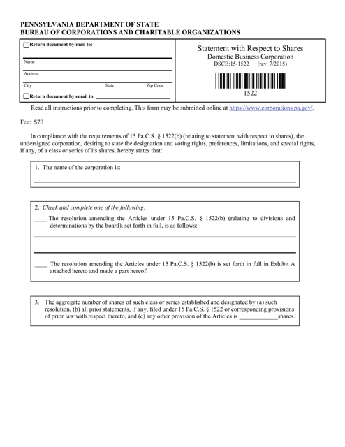 Form DSCB:15-1522  Printable Pdf