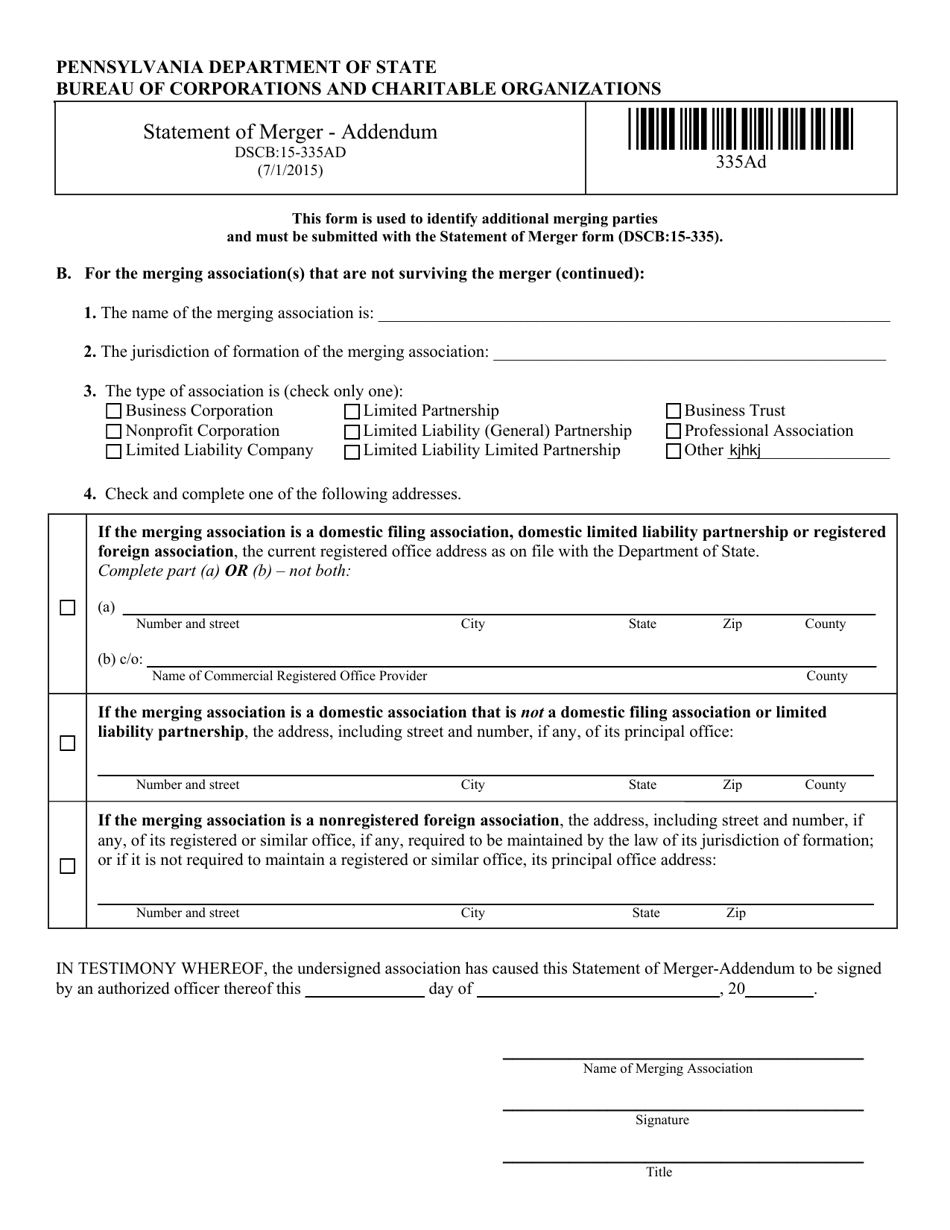 Form DSCB:15-335AD Statement of Merger - Addendum - Pennsylvania, Page 1