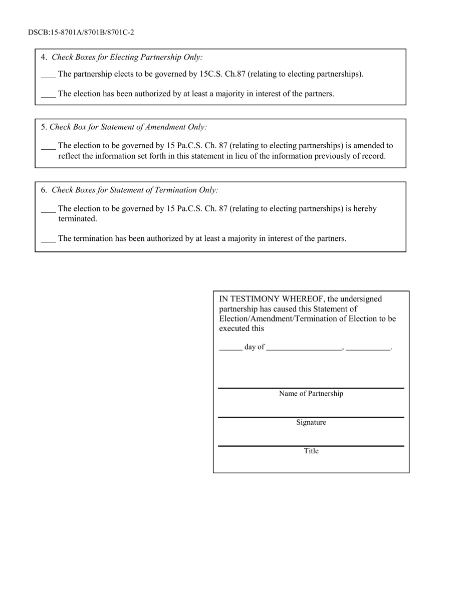 Form DSCB:15-8701A / 8701B / 8701C Statement of Election / Amendment / Termination - Electing Partnership - Pennsylvania, Page 2