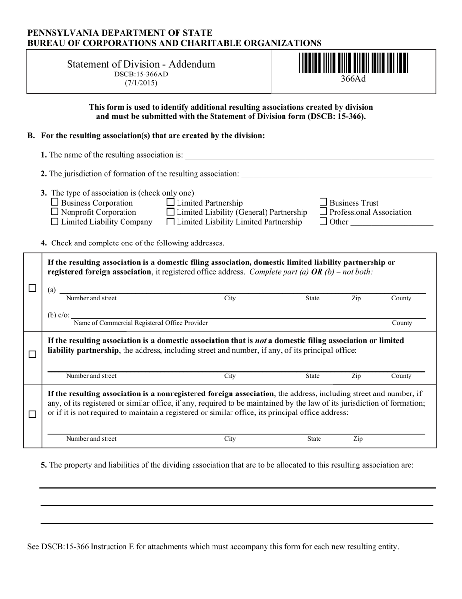 Form DSCB:15-366AD Statement of Division - Addendum - Pennsylvania, Page 1