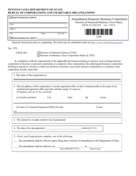 Document preview: Form DSCB:15-2104/2305 Articles of Amendment - Election of Nonstock/Statutory Close Status - Pennsylvania