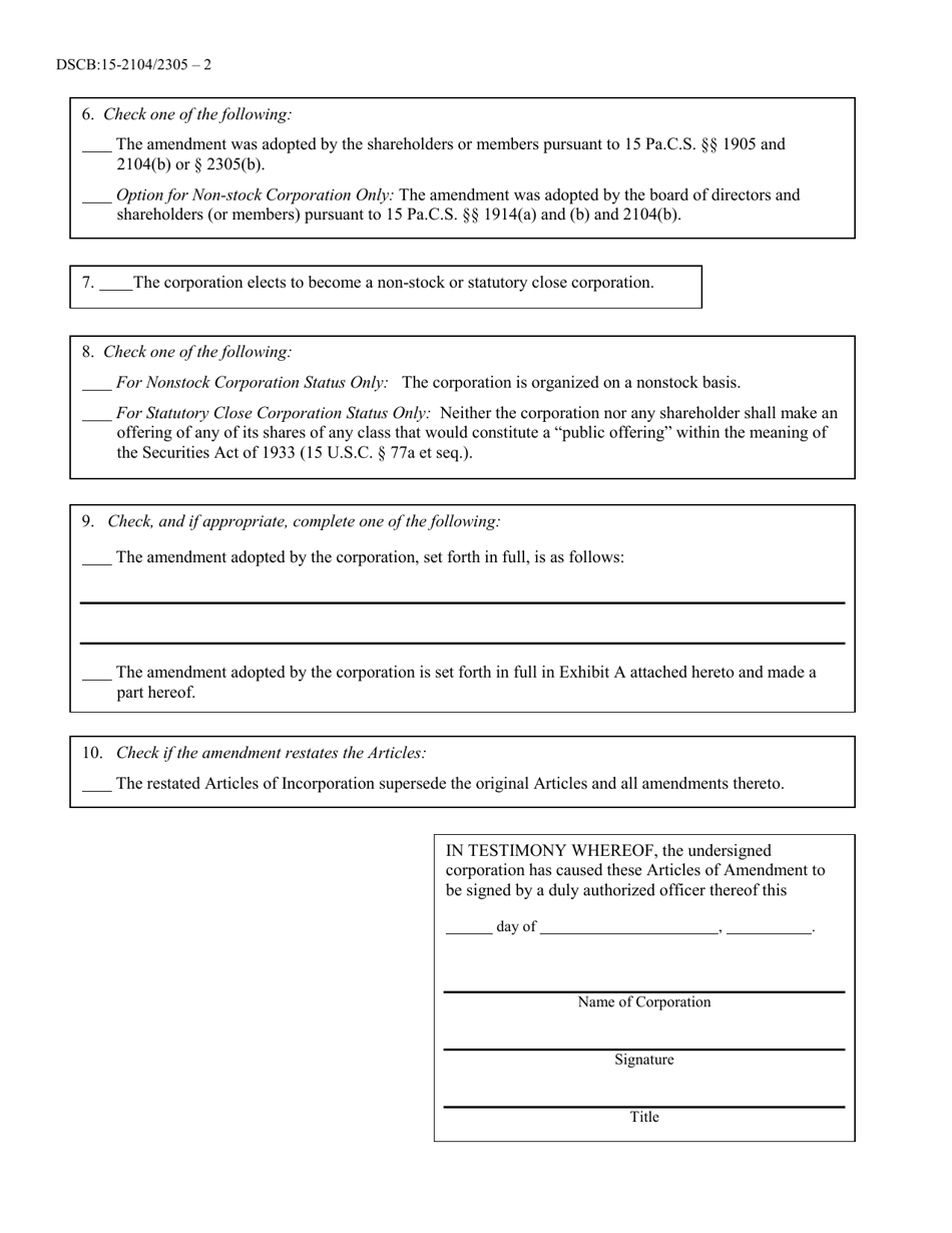 Form DSCB:15-2104 / 2305 Articles of Amendment - Election of Nonstock / Statutory Close Status - Pennsylvania, Page 2