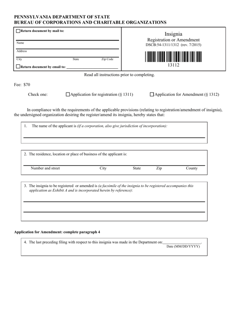 Form DSCB:54-1311/1312 Registration/Amendment of Insignia - Pennsylvania