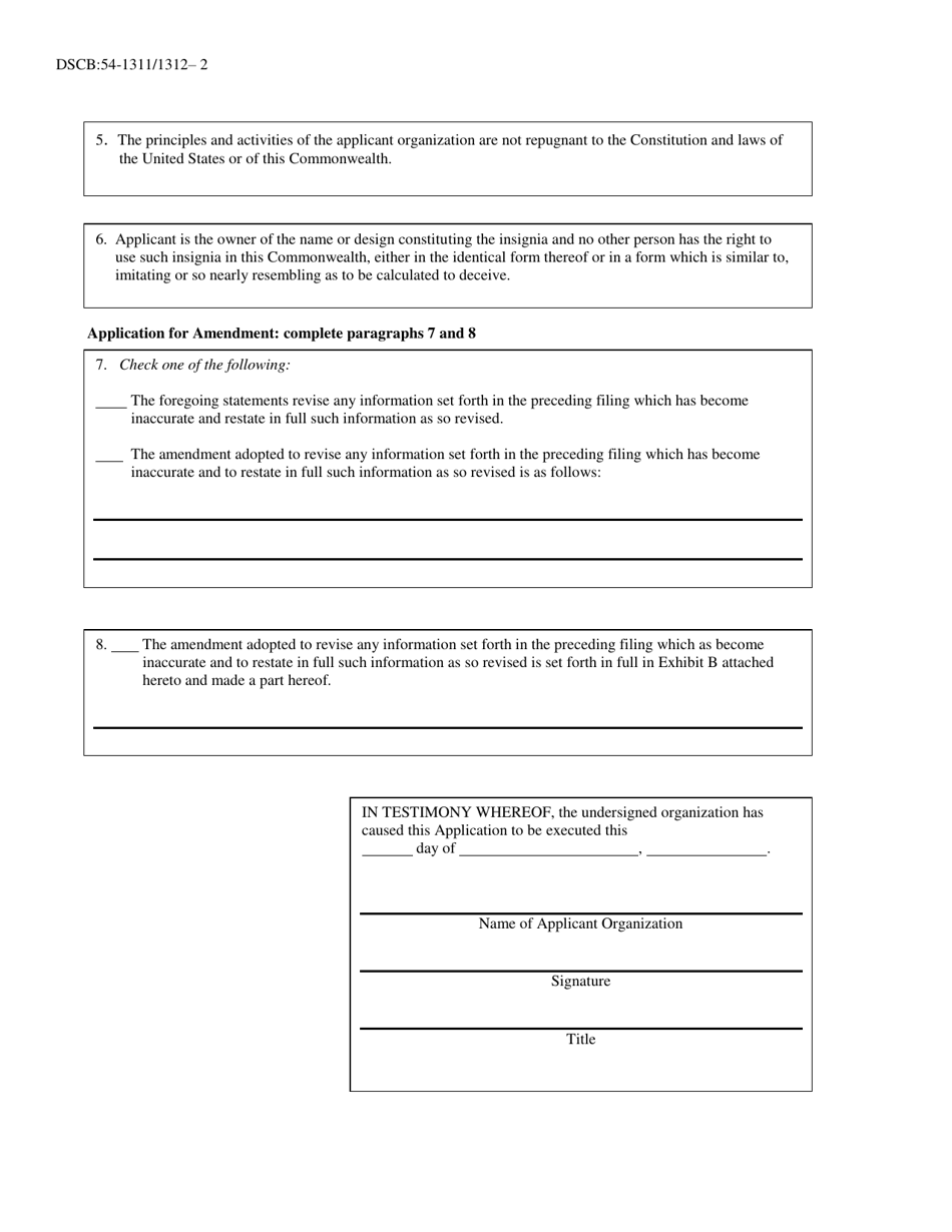 Form DSCB:54-1311 / 1312 Registration / Amendment of Insignia - Pennsylvania, Page 2