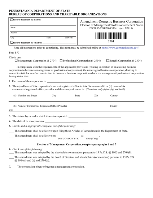Form DSCB:15-2704/2904/3304 Amendment - Election of Management/Professional/Benefit Corporation Status - Pennsylvania