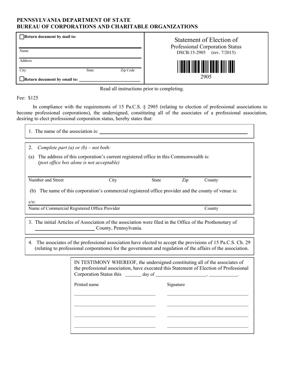 Form DSCB:15-2905 Statement of Election of Professional Corporation Status - Pennsylvania, Page 1